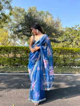 Designer Handmade Dark Denim Blue  Flower Printed Pure Organza Saree